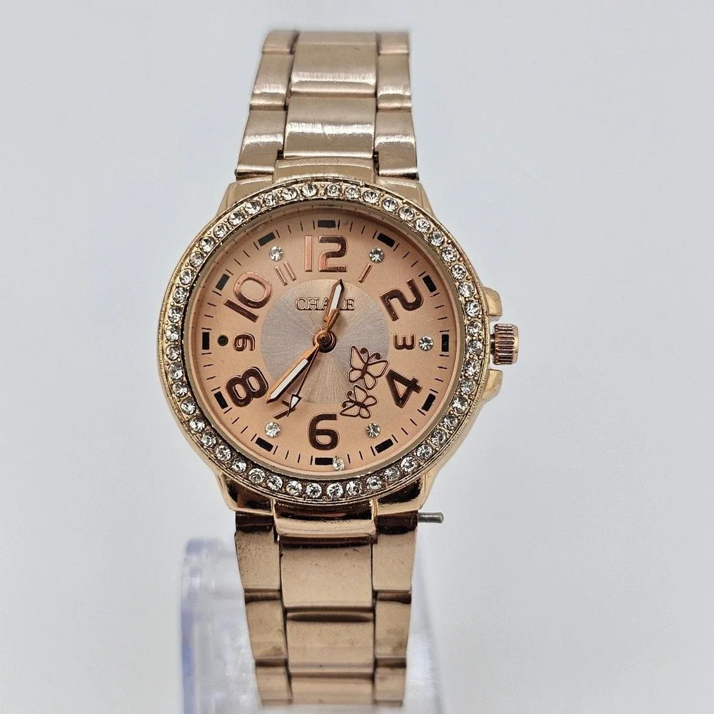 30MM Women's Watch Gold Dial Crystal Bezel Gold Bracelet Band 6.5